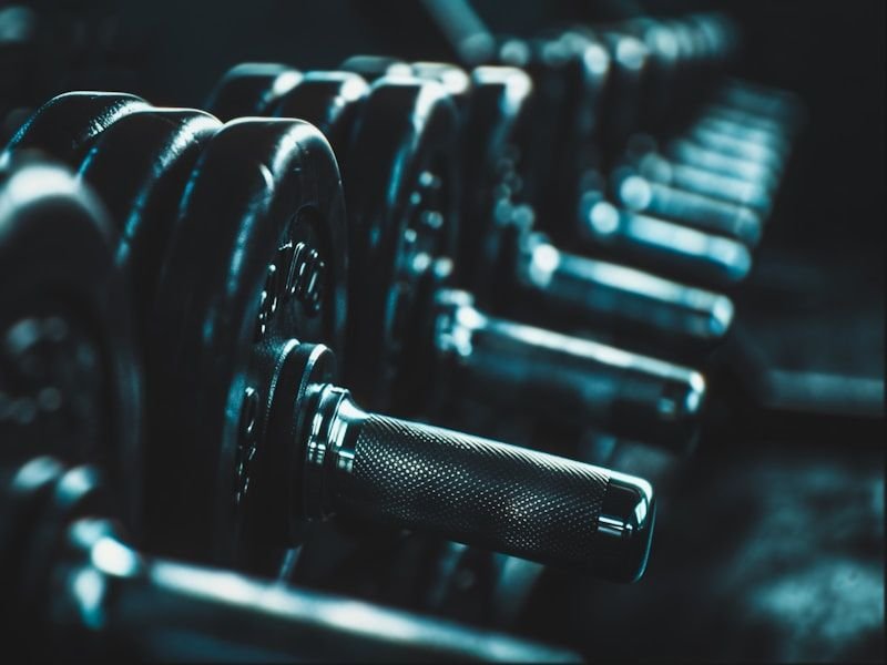 Dumbbells racked in ascending weight order